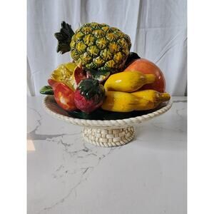 Vintage Italian Majolica Fruit Bowl Centerpiece Pineapple Pomegranate Etc NICE!
